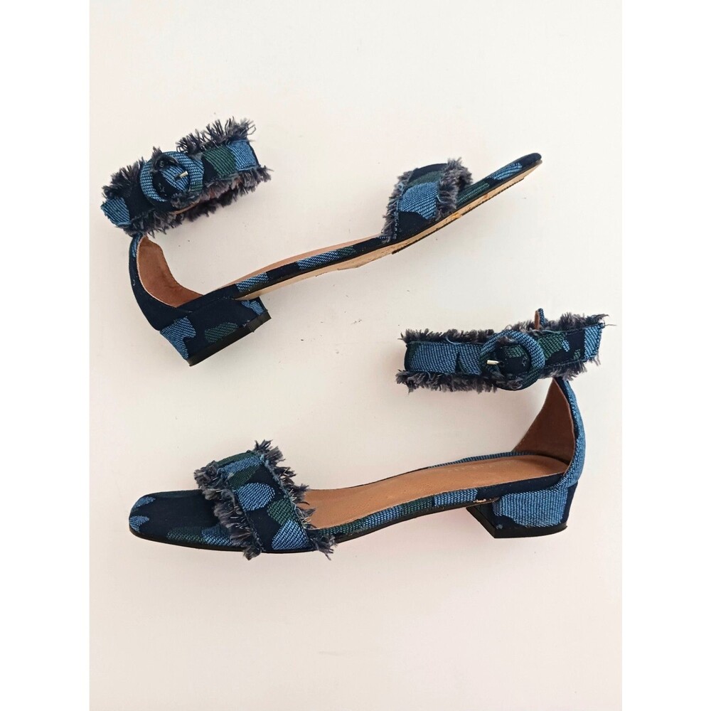 All Black Ankle Strap Low Heel Sandal Blue Green Frayed Edge Textile 37.5 US 7.5